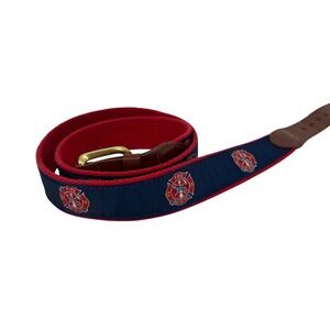Leather Man Ltd Mens Fire Rescue Maltese Cross Ribbon Belt Navy Red Brass Sz 33